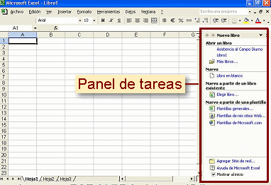Ventana por defector de Excel con panel de tareas, Nueva libro