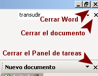 Tres botones de Cerrar - Word, el documento, el panel de tareas