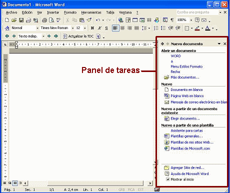 Ventana: Word 2002 con Panel de tareas: Nuevo documento