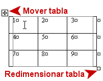 Tabla: manijas para mover tabla y redimensionar table