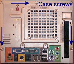 Computer case - back, with case screws labeled
