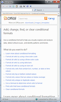 Help window: Conditional Formatting (Excel 2010)