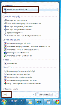 Menu: Start - Search for "wo" (Windows 7)