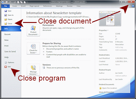 Word 2010 - methods to close document or program