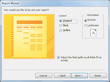 Report Wizard: step 4- Layout and orientation