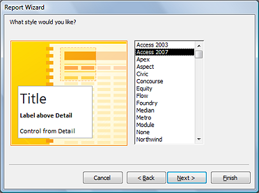 Report Wizard: step 5: AutoFormat style (Access 2007 only)