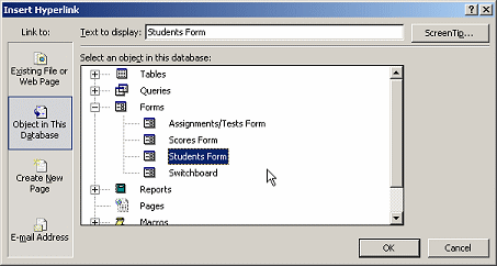 Dialog: Insert Hyperlink (object in database)