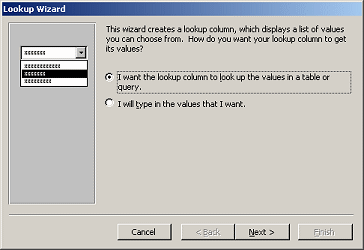 Dialog: Lookup Wizard - step 1: list or from table/query
