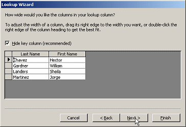 Dialog: Lookup Wizard - step 5 - widths and hiding key column