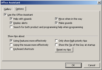 Dialog: Office Assistant - Options tab