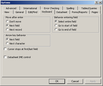 Dialog: Options - Keyboard tab