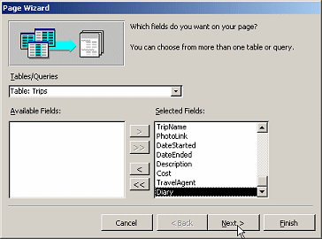 Dialog: Page Wizard - step 1: select source and fields