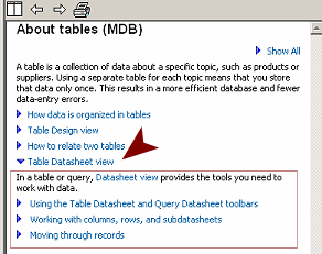 Help: About tables (MDB): Table Datasheet view - links