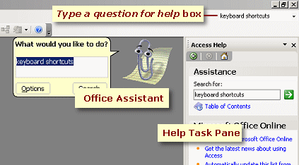 Three methods for getting help: Type a question, Help pane, Office Assistant