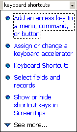 List of topics from Type a question: keyboard shortcuts (Access 2002)