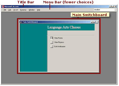 MS Access window when opened direct to Main Switchboard and reduced menu