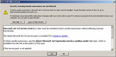 Security Warning: Unsafe expressions are not blocked - Microsoft Jet 4.0 Service Pack 8