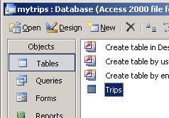 Database Window: Trips selected