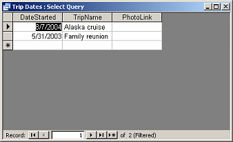 Query Datasheet View: filtered results