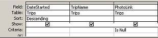 Query Design View: Trip Dates grid - PhotoLink = Is Null