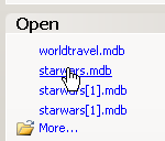 Task Pane: Getting Started: Open: starwars.mdb