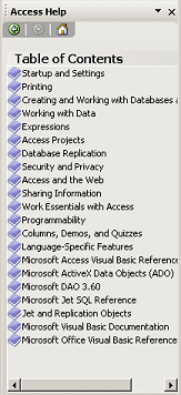 Task Pane: Help : table of contents (Access 2003)