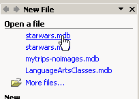 Task Pane: New File: Open a file: starwars.mdb
