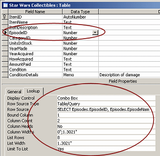 Table Design View: Lookup tab using query as row source