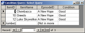 Query Datasheet View: Parameter query