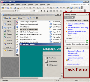 MS Access window with Task Pane showing at the right