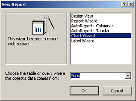 Dialog: New Report - Chart Wizard, Trips table