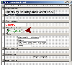 Report Design View: Clients-by country with PostalCode grouping