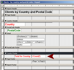 Report Design View: Clients-by country and postal code - adding a group total