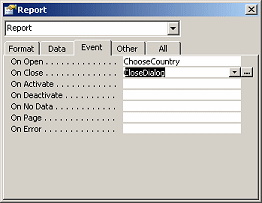 Dialog: Properties - for report, On Open and On Close