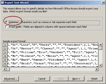 Dialog: Export Text Wizard - step 1, Delimited