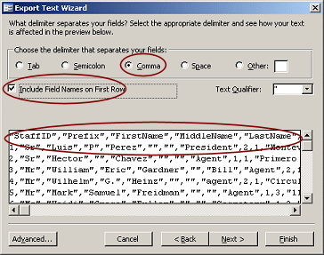 Dialog: Export Text Wizard - step 2, Comma, Field Names on First Row