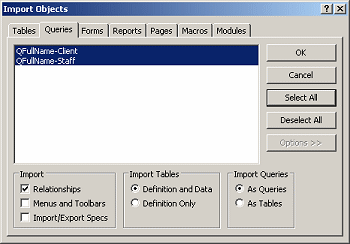 Dialog: Import Objects - Queries, all selected