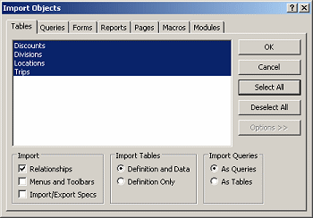 Dialog: Import Objects - Tables, all selected