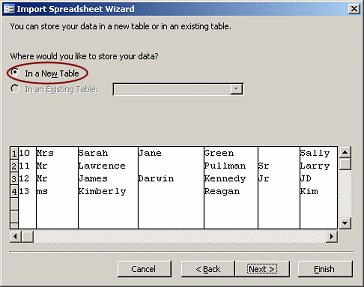 Dialog: Import Spreadsheet Wizard - step 3: only choice is 'In a New Table'