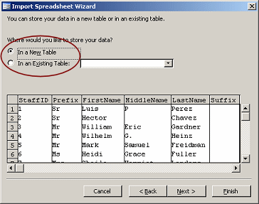 Dialog: Import Spreadsheet Wizard - step 3: Store data in new table