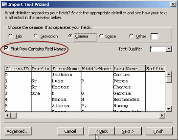 Dialog: Import Text Wizard - step 2: delimiter, first row