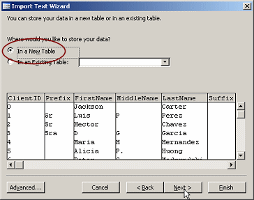 Dialog: Import Text Wizard - step 3: In a New Table