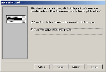 List Box Wizard: Page 1 - I will type in the values that I want.