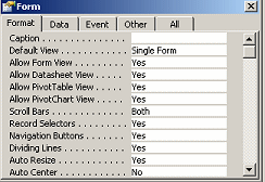 Dialog: Properties for form in Form View