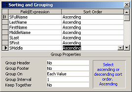 Dialog: Sorting and Grouping - with rows for name parts