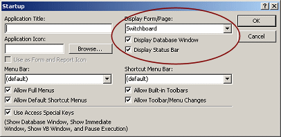 Dialog: Startup - Display form/page = Switchboard