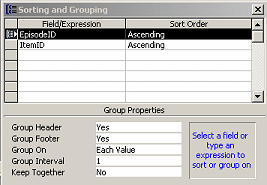 Dialog: Sorting and Grouping - one group, one sort