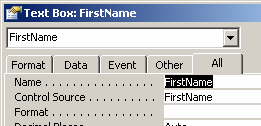 Dialog: Properties for a text box: Name