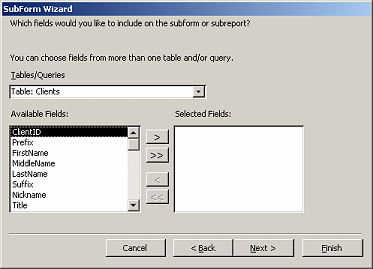 Wizard: Step 2 - select fields from table or query