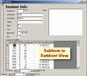 Form View: Form with subform shown as datasheet